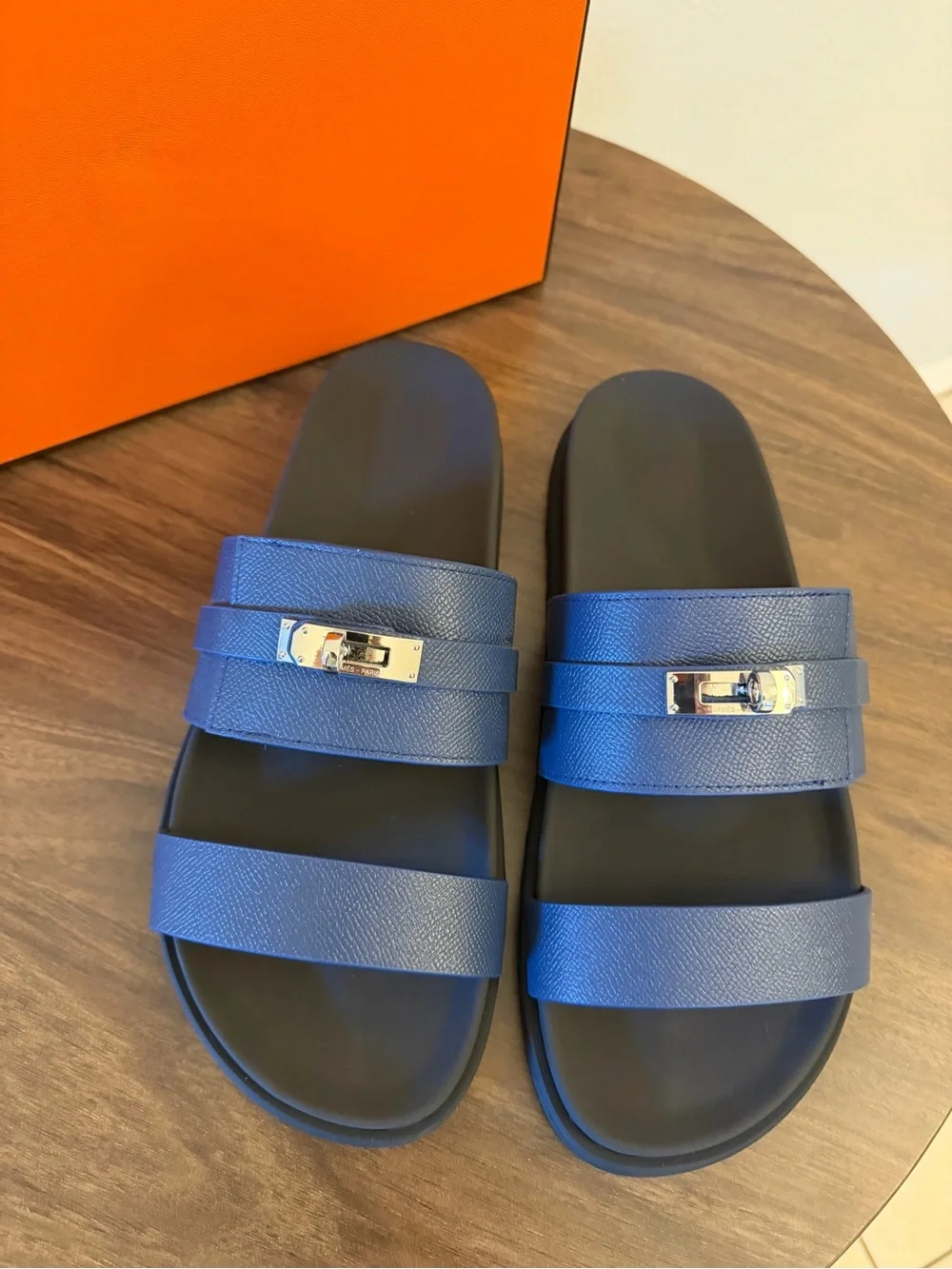 Blue Leather Double-Strap Slide Sandals